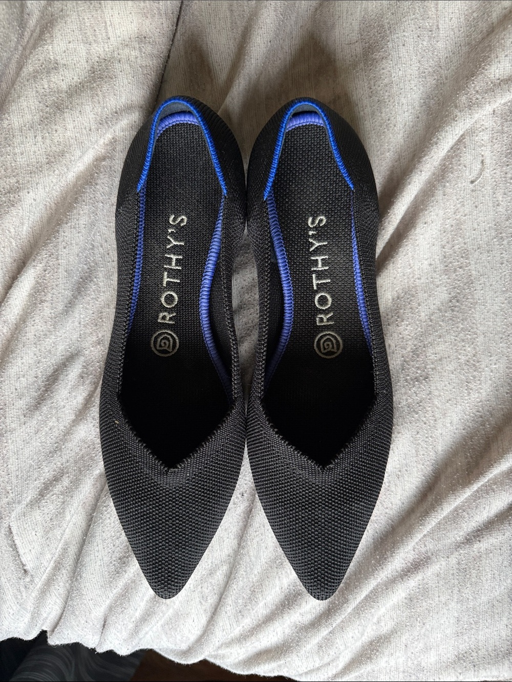 Rothy's Black Pointed Knit Flats with Blue Trim